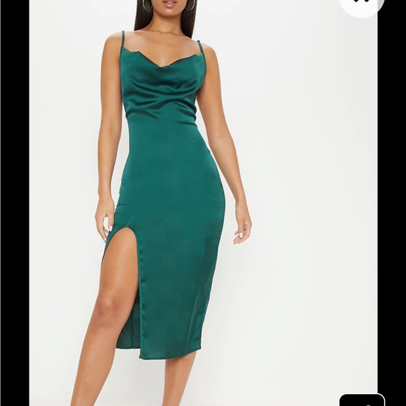 Pretty Little Thing Green Satin Cowl Neck Midi Dress - Picture 1 of 9